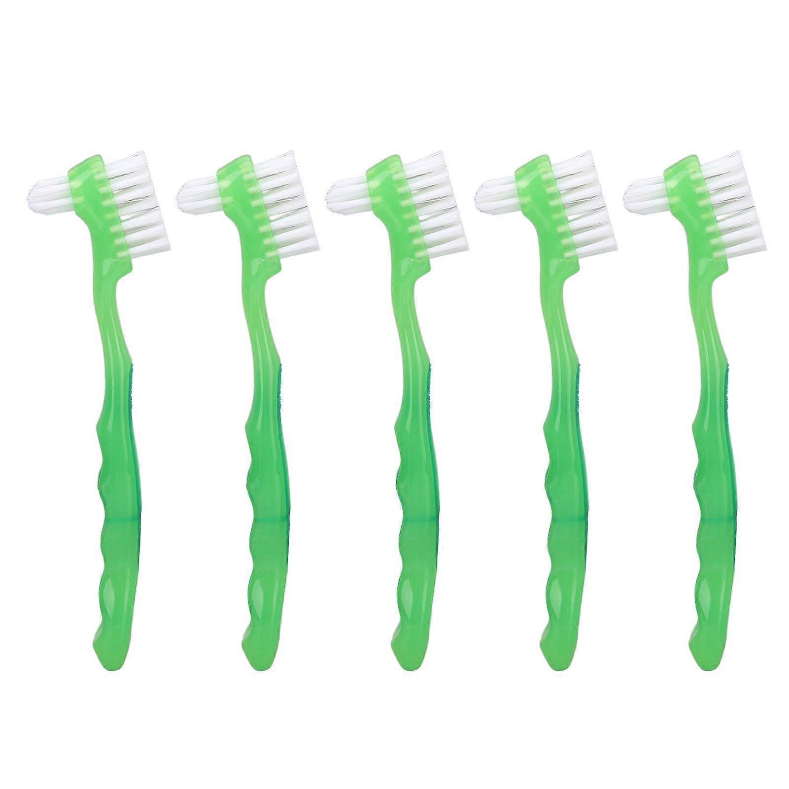 5pcs Denture Brush Set Professional Travel Portable Double Sided False Teeth Cleaning Brush for Elderly Green