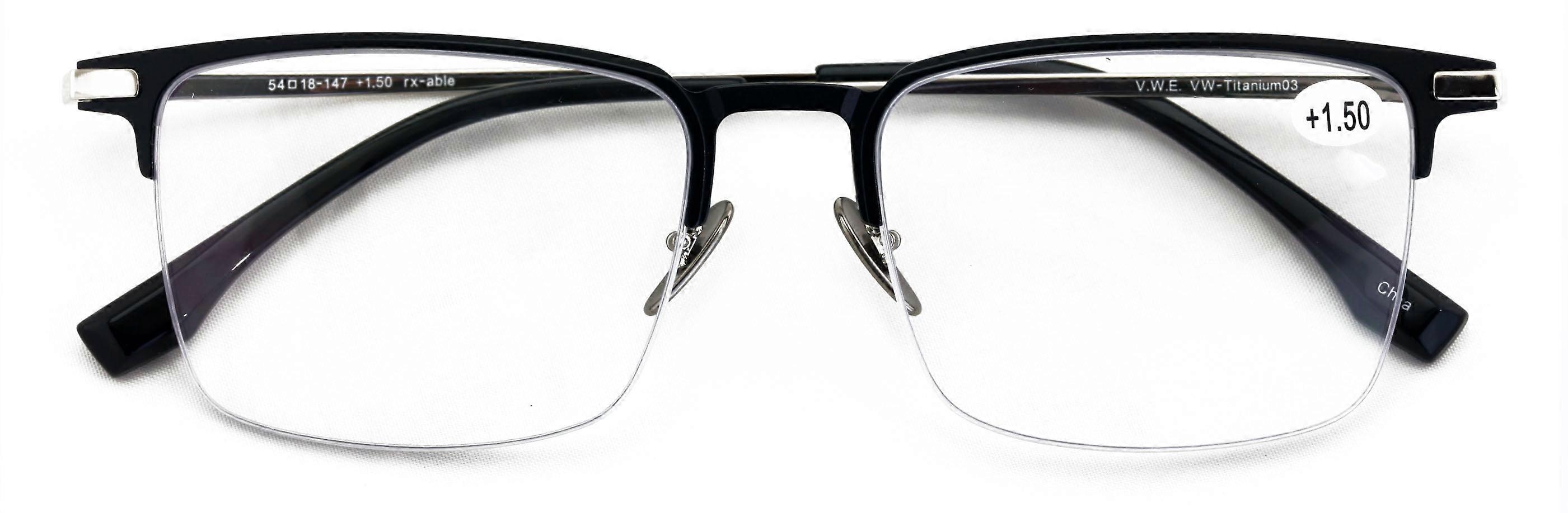 Men Aluminum Optical Frame Wide Fitment Rectangular Reading Glasses with Titanium Temple Half Rimless 145MM Ti03 +0.00