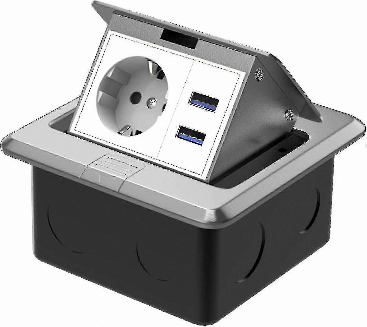 Recessed Countertop Socket with 1 Outlet and 2 USB Ports, Waterproof Design for Desktop Use (Black Silver)