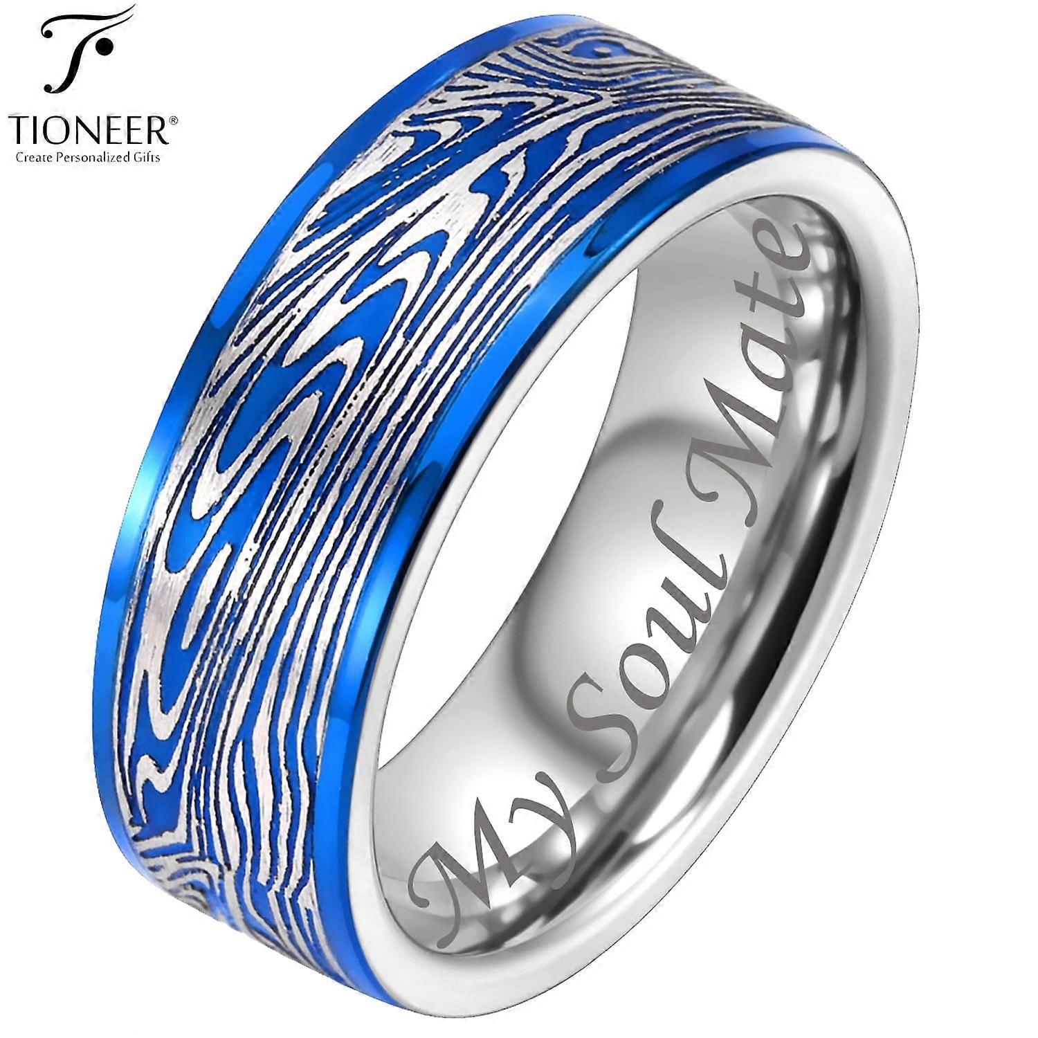 Tungsten Carbide Band w/ Flowing River Damascus Design 8mm Ring in Black or Blue