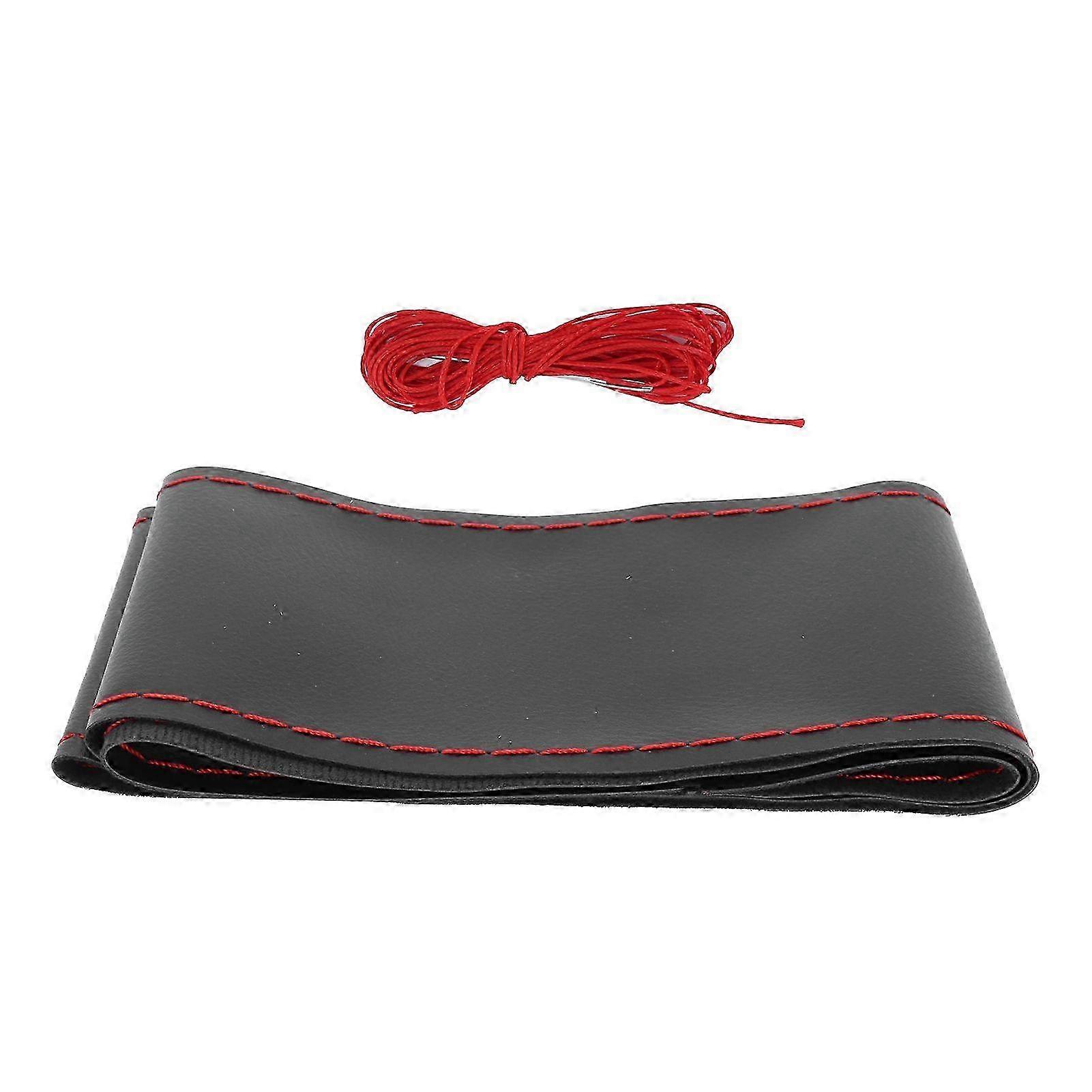 Universal Steering Wheel Cover with Needle Thread Protector for External Diameter of 3738cm(Black Red Thread )