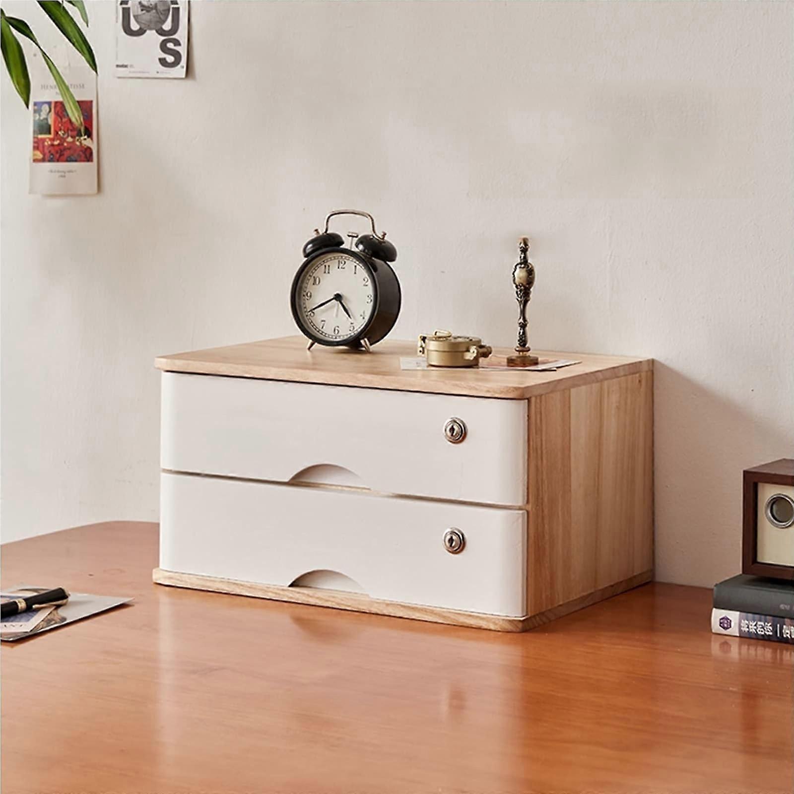 Lockable Desktop File Cabinet Wooden Desk Organizer With Drawers Two Layer Storage Unit For Home Office Supplies