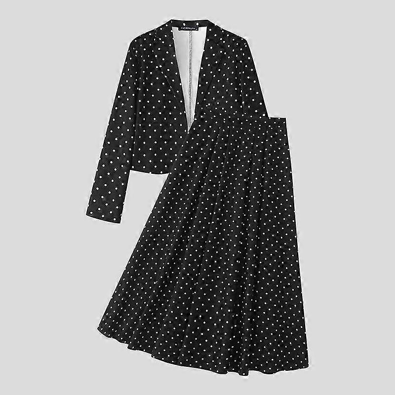 INCERUN Men Long Sleeve Polka Dots Cropped Blazer and Long Skirts Sets Outfits