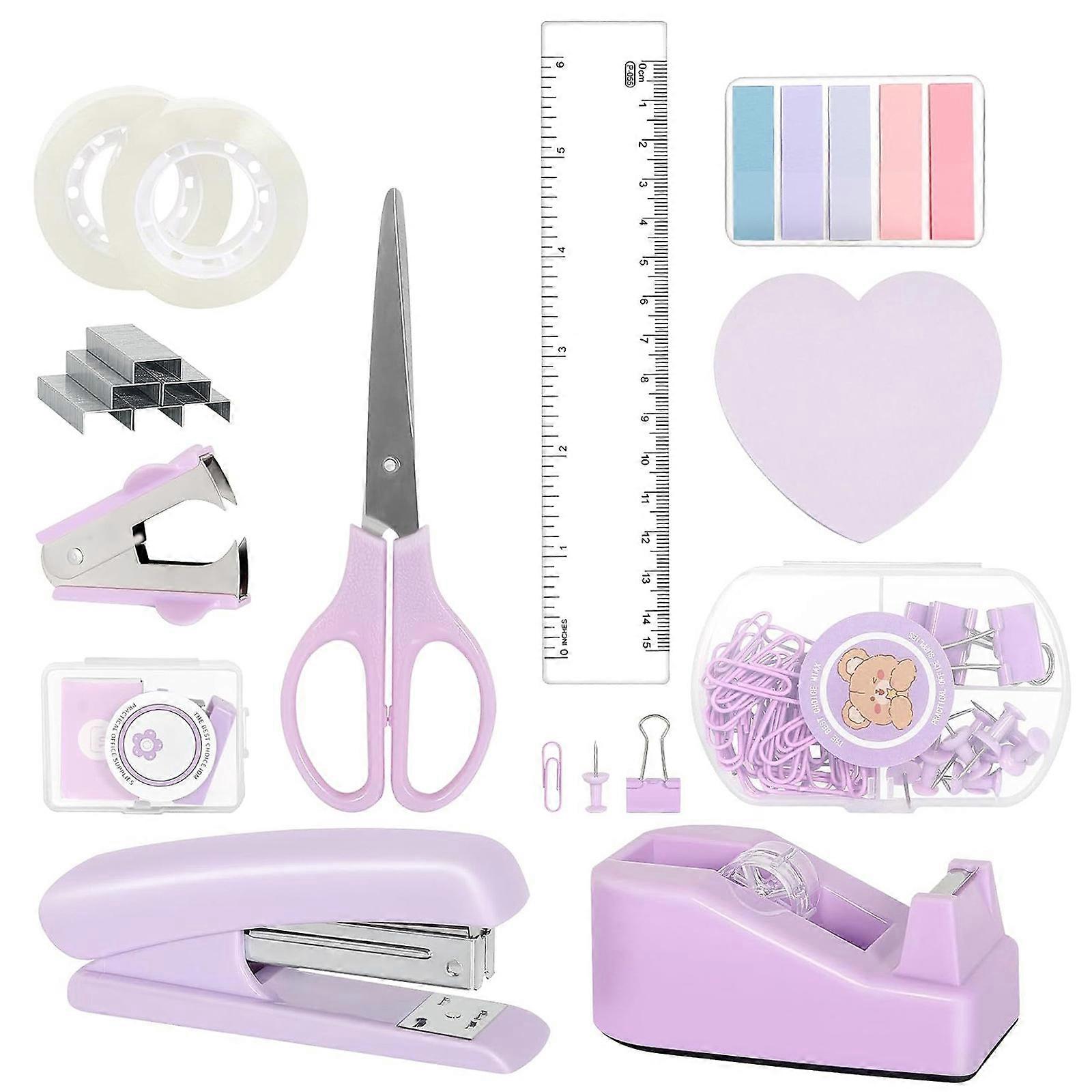 Office Supplies Set Includes Sticky Note Stapler Staple Scissors Staple Remover Tape Dispenser Packed in Storage Case  39 Purple