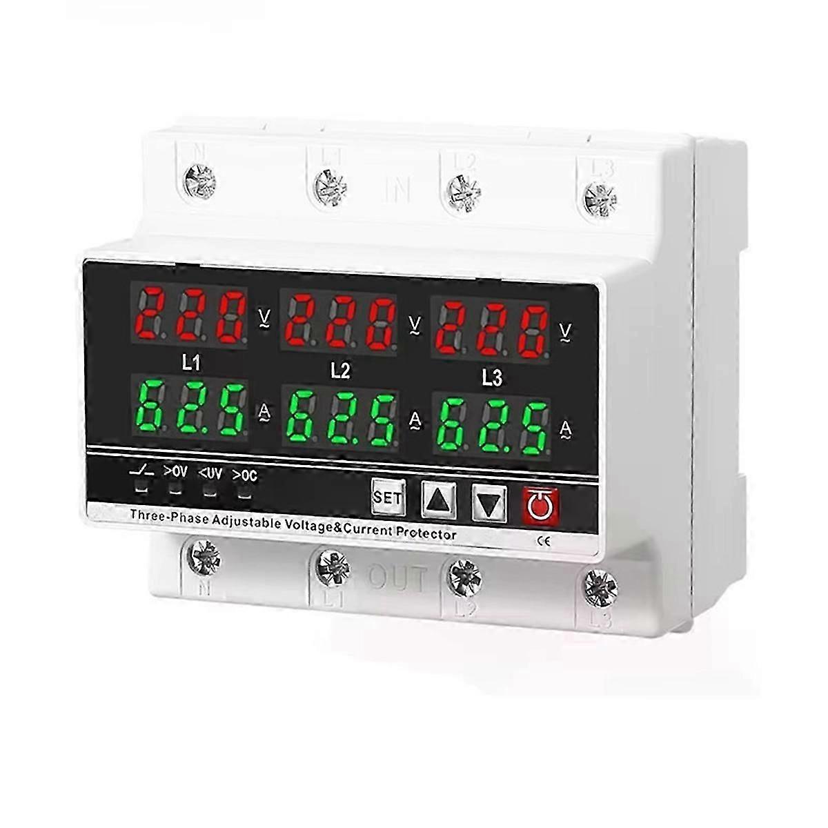 3Phase Adjustable over and Under Voltage Protector Voltmeter Ammeter Monitor 3P4W Din Rail Current Limit Protection 100A
