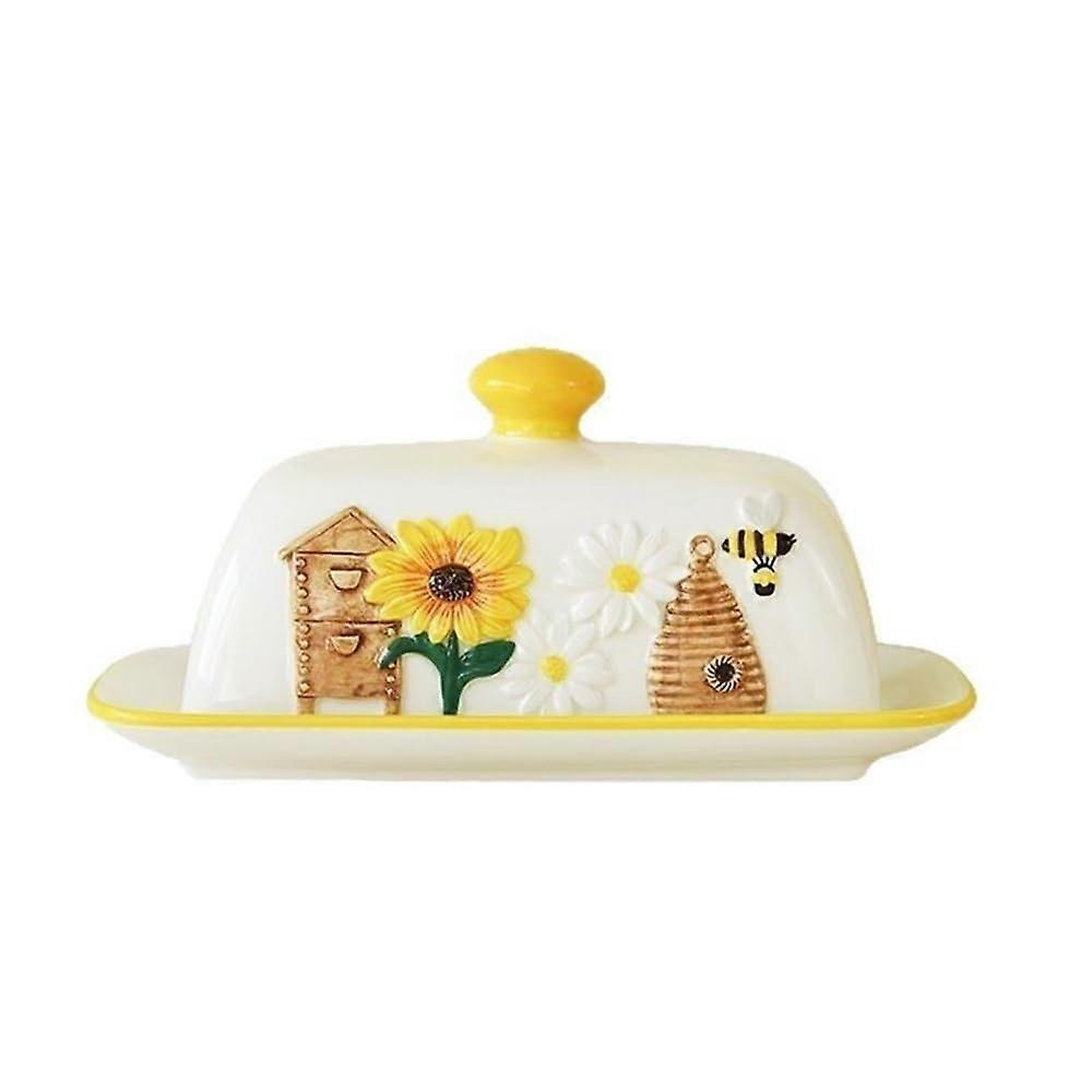 Butter Dish with Lid Square Ceramic Keeps Butter Fresh Yellow Embossed Design for Kitchen