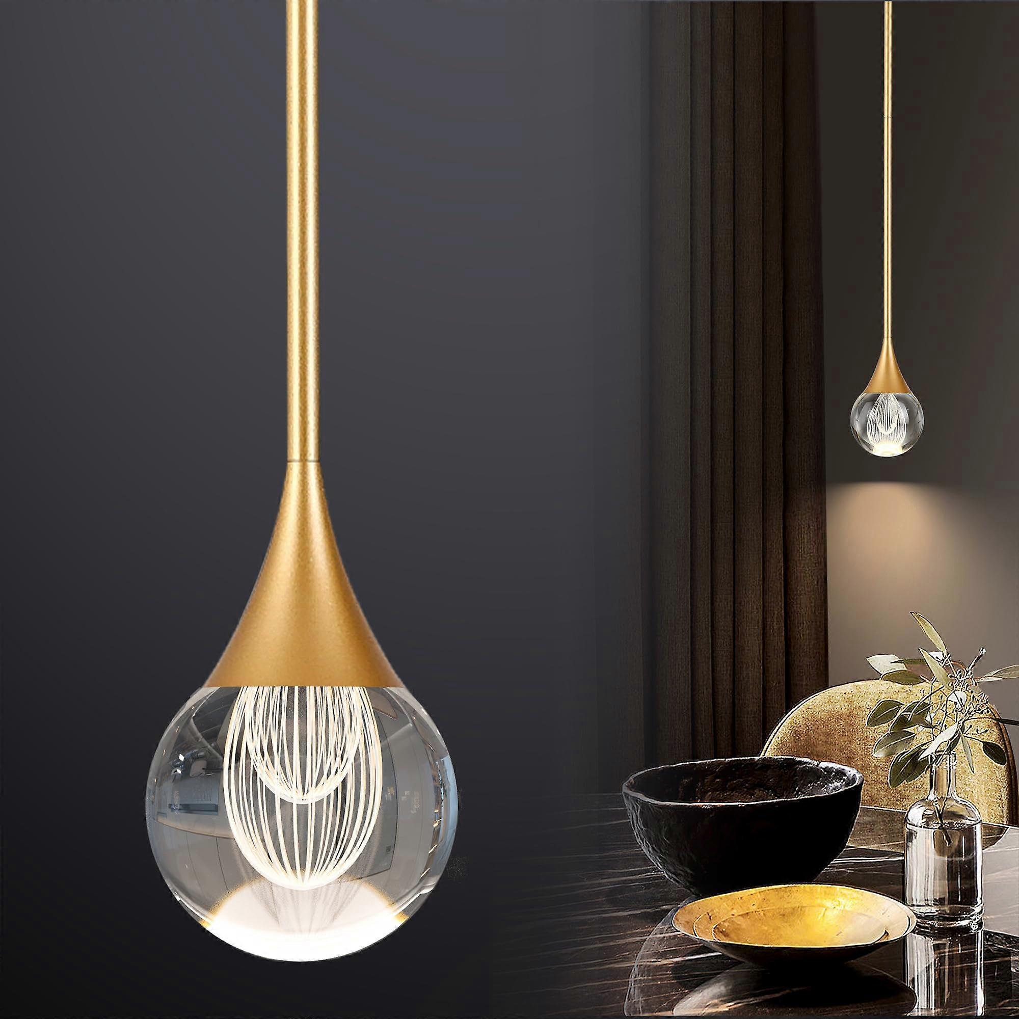 Crystal Pendant Light with Brushed Gold Finish, Adjustable LED Ceiling Fixture for Kitchen Island
