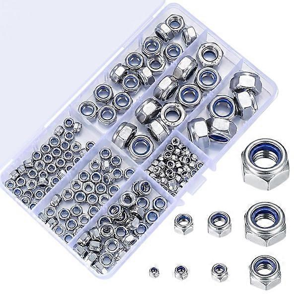 200-Piece Assortment of Locknuts, Self-Leaking Stainless Steel Locknuts, Hex Nuts, M3 M4 M5 M6 M8 M10 M12 Threaded Inserts