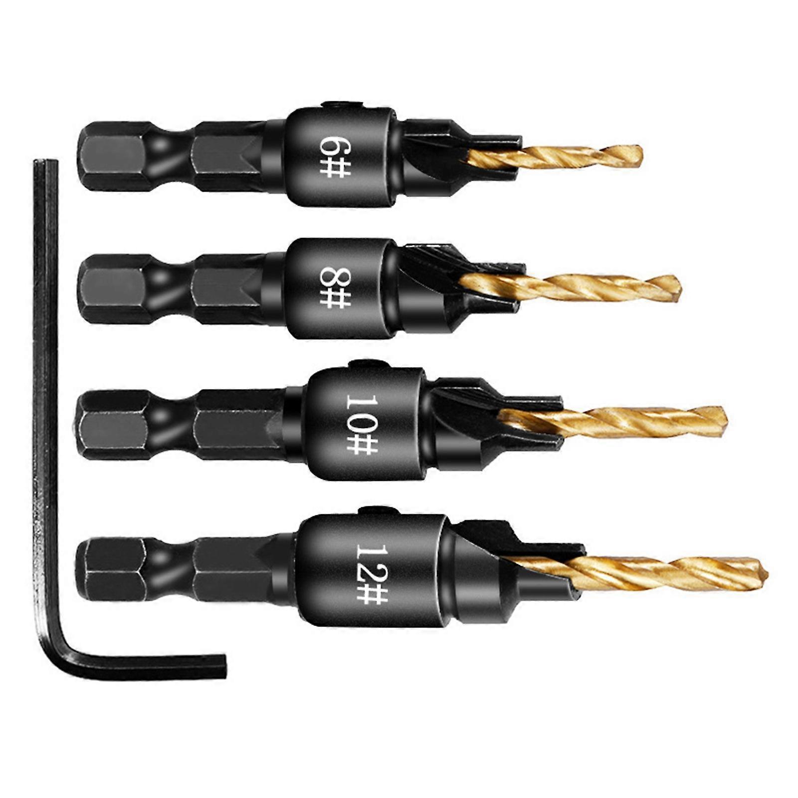 4Pcs 1/4inch Hex Shank Adjustable Countersink Drill Bit Set Replaceable Drill Bit Woodworking Countersink Drill Bit Multicolor