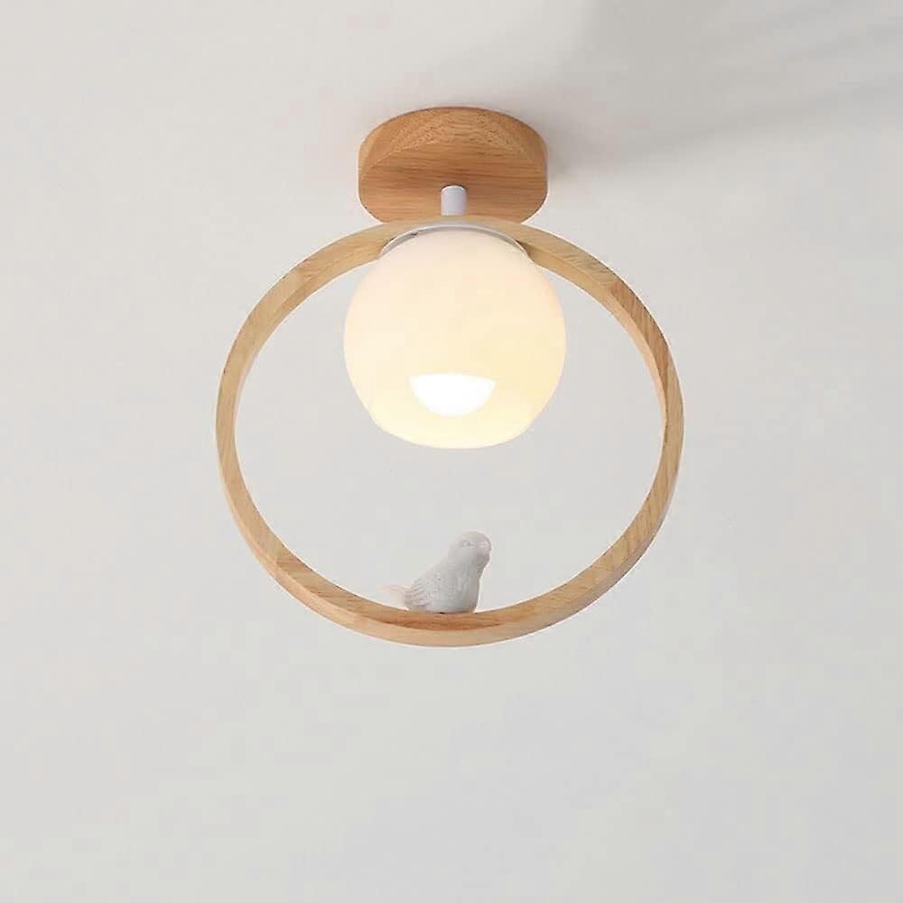 Japanese Style Flush Mount Ceiling Light with Bird Decoration, Glass Shade and Wooden Base