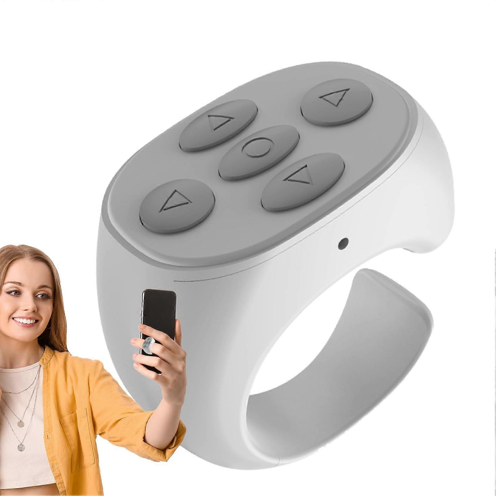 Wireless Remote Control Ring with Bluetooth Page Turner, Camera Shutter, EBook Scrolling, White