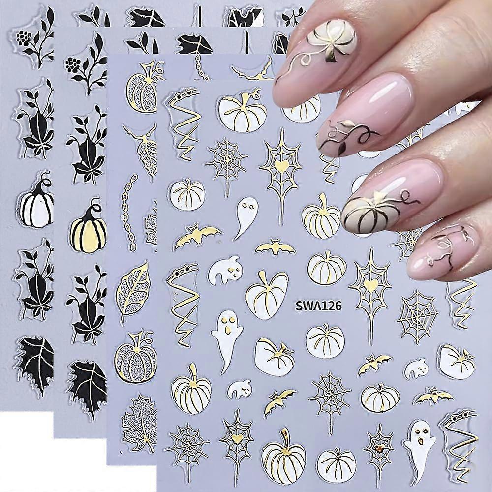 Fall Nail Stickers Halloween Nail Decals Gold Pumpkin Maple Leaf 3D SelfAdhesive 4 Sheets