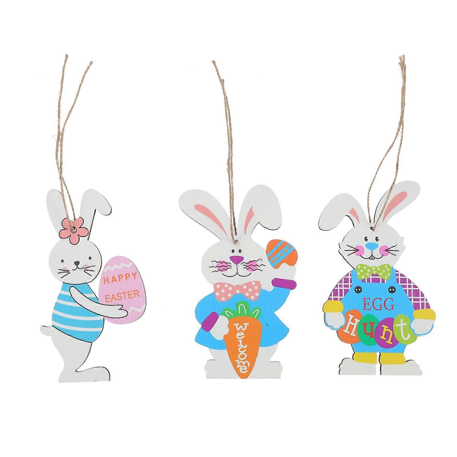 3pcs Easter Rabbit-shaped Pendants Wooden Rabbit Hanging Decor Easter Party Decor