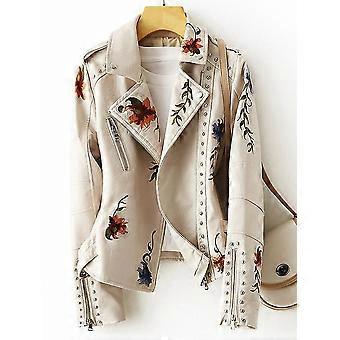 Nieuwe vrouwen retro bloemenprint borduurwerk faux zachte leren jas jas turndown kraag Pu Moto Biker zwart punk bovenkleding