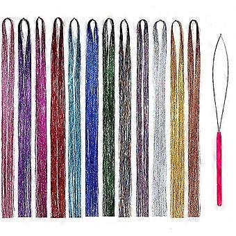 Hair Tinsel Kit Strands With Tool 47Inch 12 Colors Strands Fairy Hair Tinsel Kit Hair Extensions Sparkling Glitter Shiny Silk Tinsel (12 colors)s