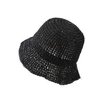 Straw Bucket Hat for Women Summer Wide Brim Sun Protection Foldable Beach Fisherman Cap Black