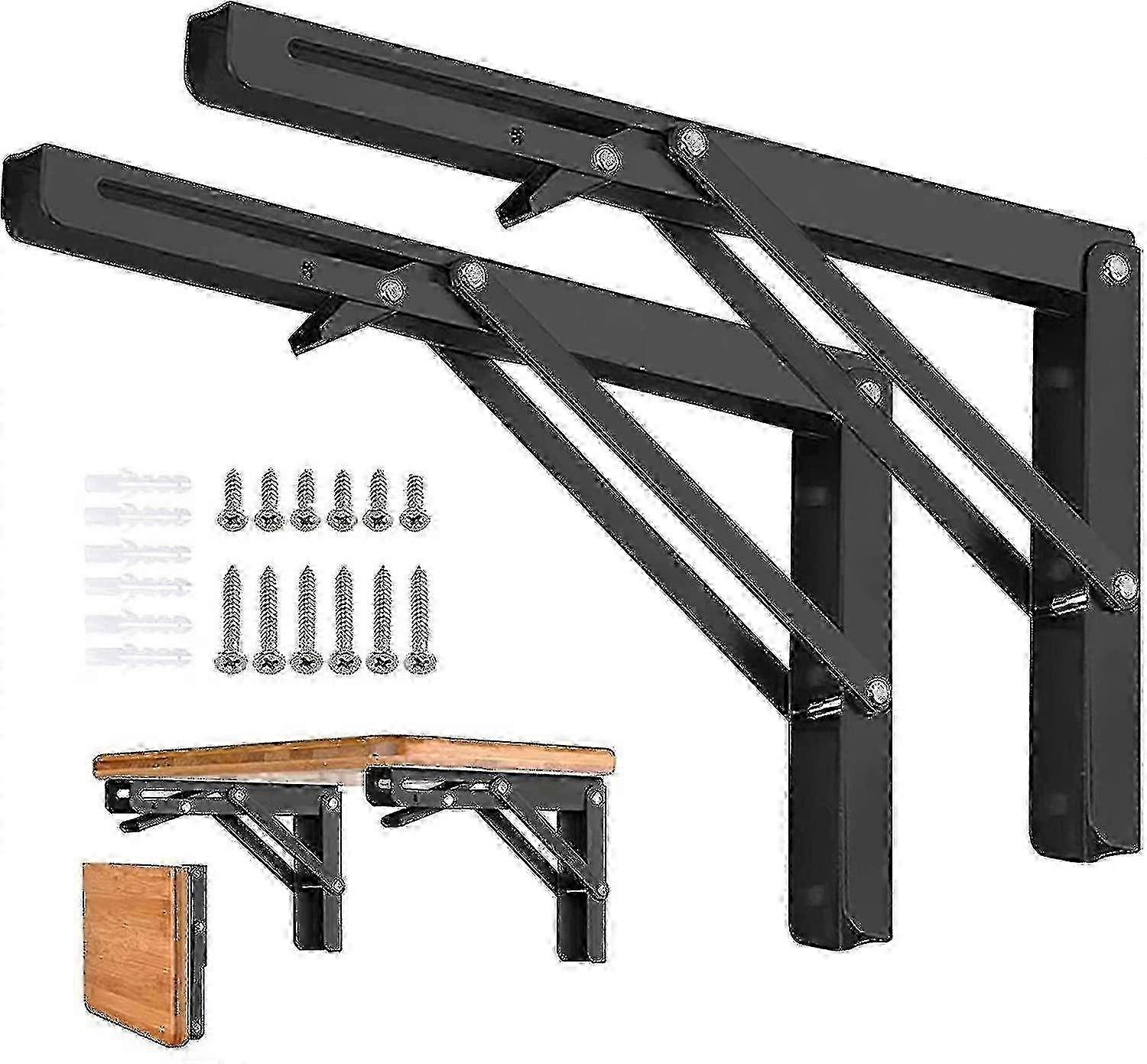 2-Pack Sturdy Folding Shelf Brackets, Collapsible Metal Triangle Wall Hinges compatible with Space-Saving DIY Projects