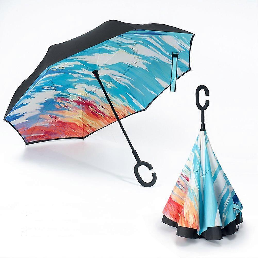 Reverse Folding Inverted Umbrella with Double Layer Canopy and Ergonomic CShaped Handle Abstract Pattern