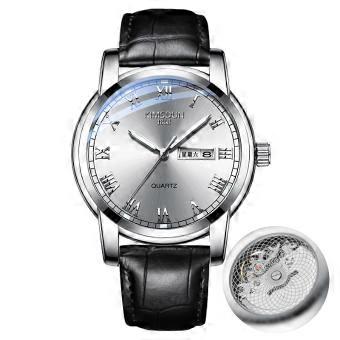 Men's Watch Silver Dial Roman Numerals Black Leather Strap Quartz Day Date Business