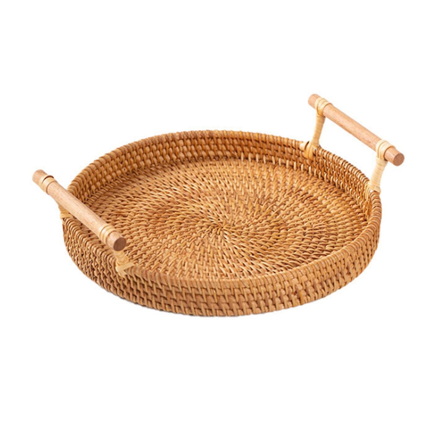 Round Rattan Bread Basket Woven Serving Tray with Handles for Cracker Dinner Parties Coffee Breakfas