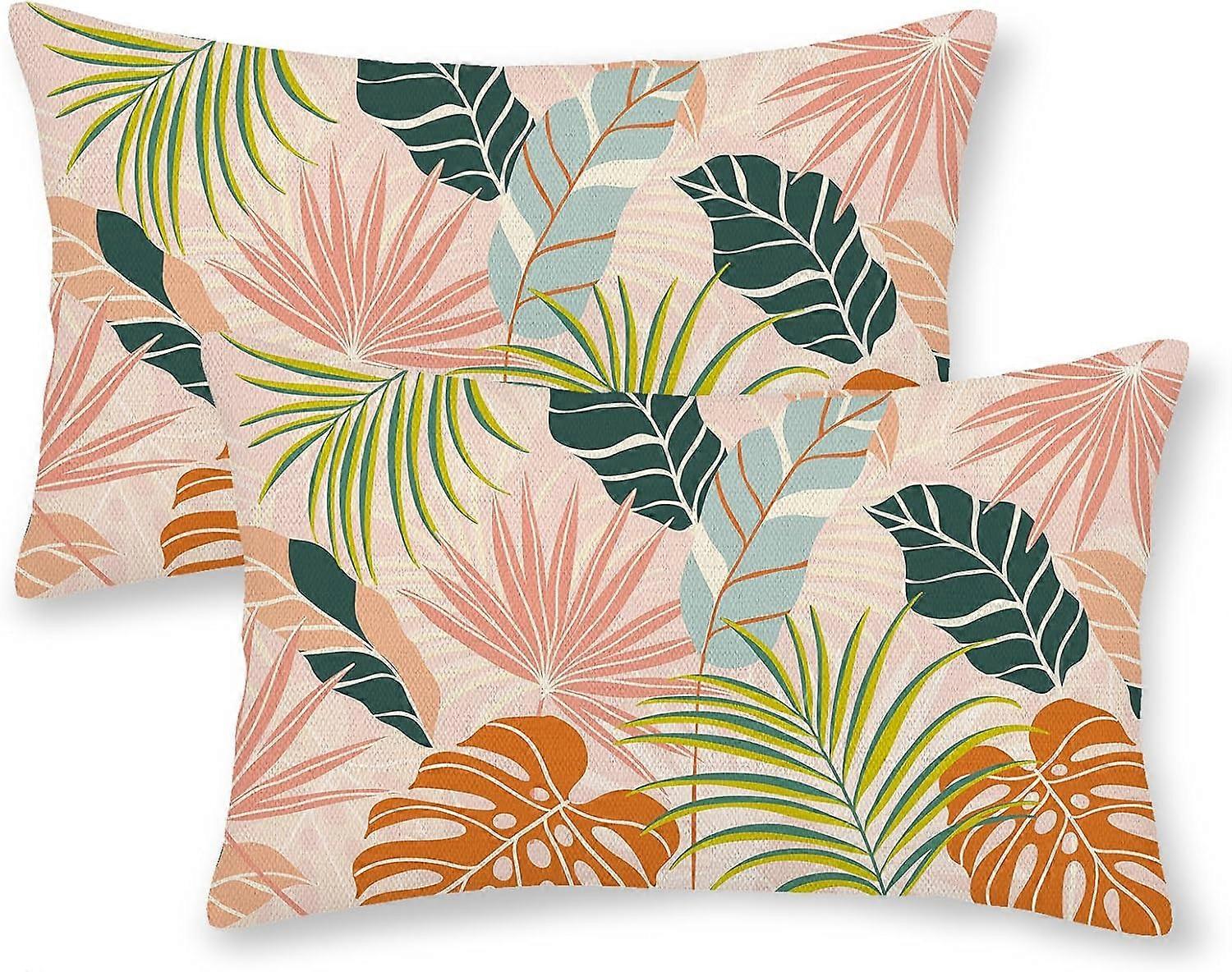Tropical Summer Pillow Covers 12x20 Set of 2, Colorful Tropical Leaf Throw Pillow Covers Hawaiian Style Summer Palm Leaf Decorative Cushion Case for C