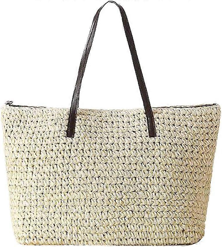 נשים מסוגנן פשוט קיץ תיק חוף בעבודת יד תיק קש ארוג נסיעות תיק כתף חום כהה