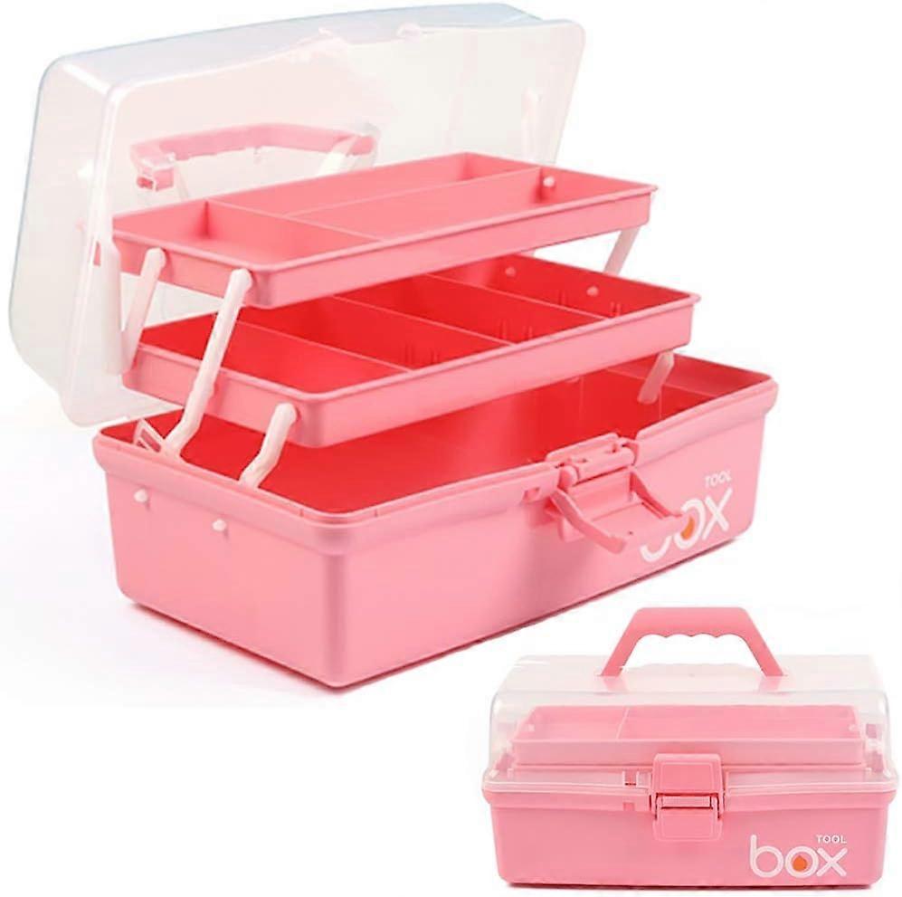 Three-Layer Multipurpose Storage Box Organizer Folding Tool Box/Art & Crafts Case/Sewing Supplies Organizer Box with 2 Trays (Pink)