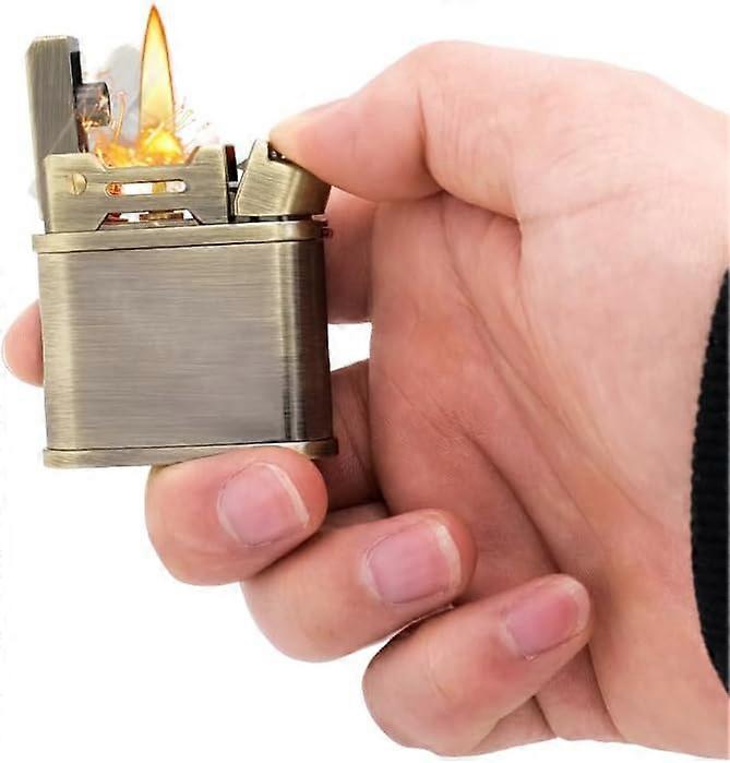 Vintage lighter fluid refillable, antique flip-top wheel lighter, windproof gold windproof lighter with classic soft flame, suitable for candles, fire