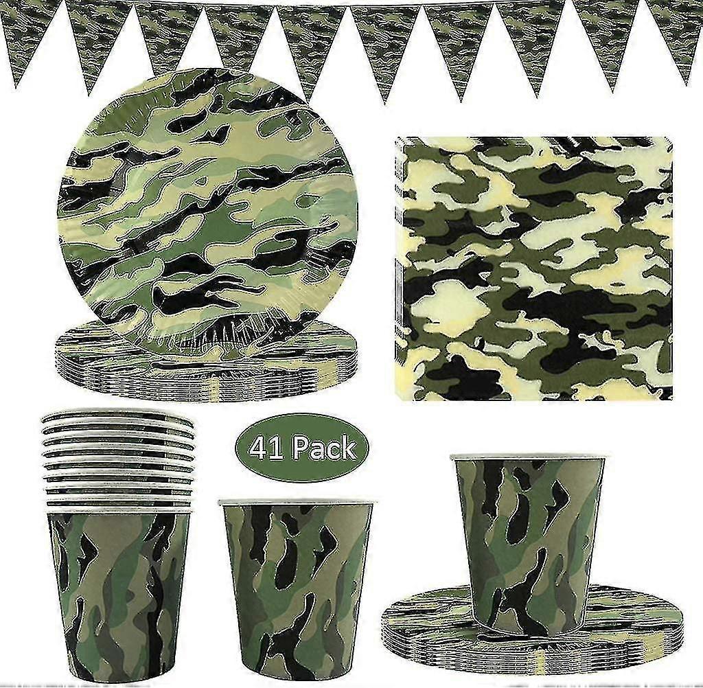 41 Pack Camouflage Disposable Tableware, Camouflage Party Supplies With Camo Plates Cups Napkins And Triangle Banner For Army Military Hunting Themed