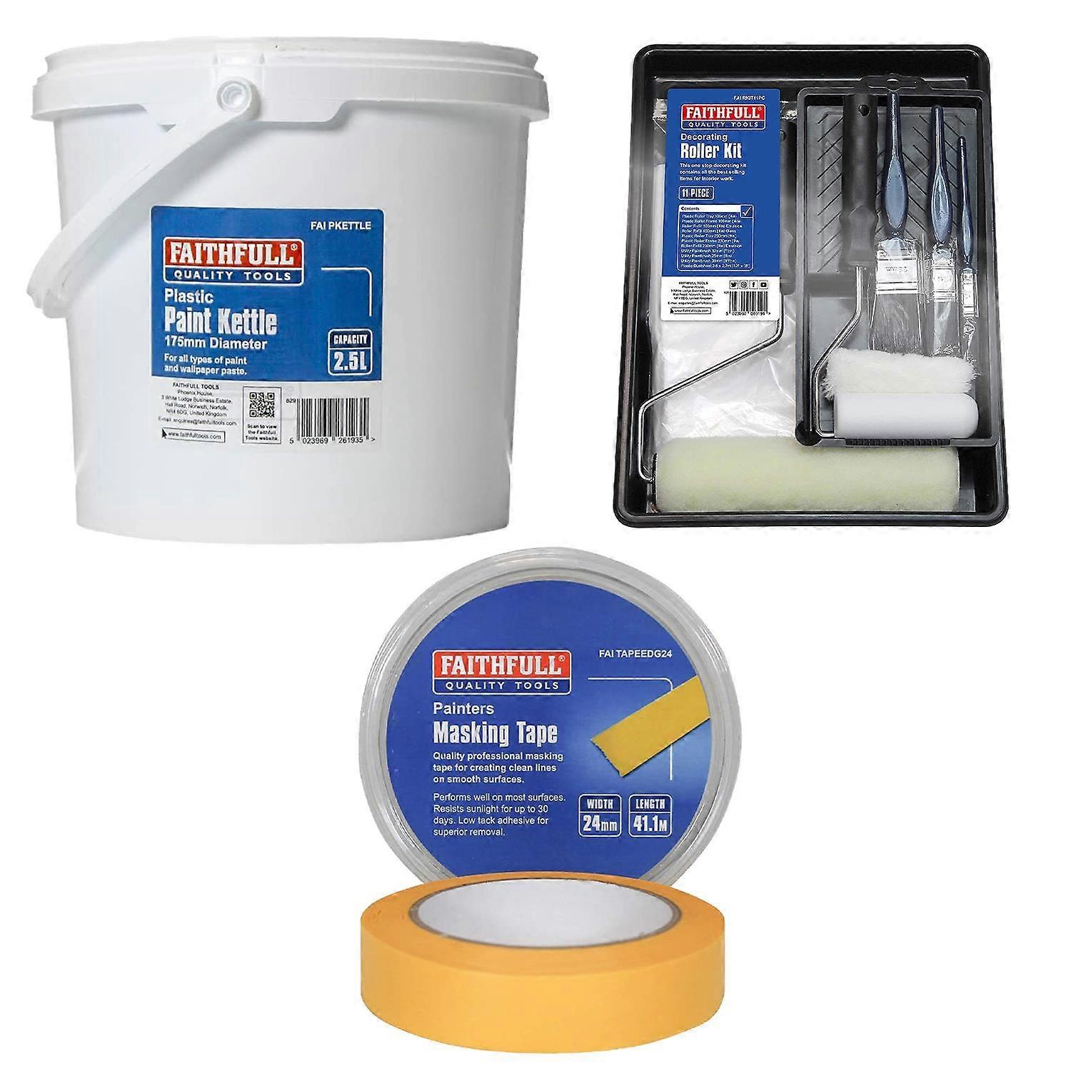 Faithfull Roller Kit, Masking Tape & Paint Kettle Bundle for Interior Work