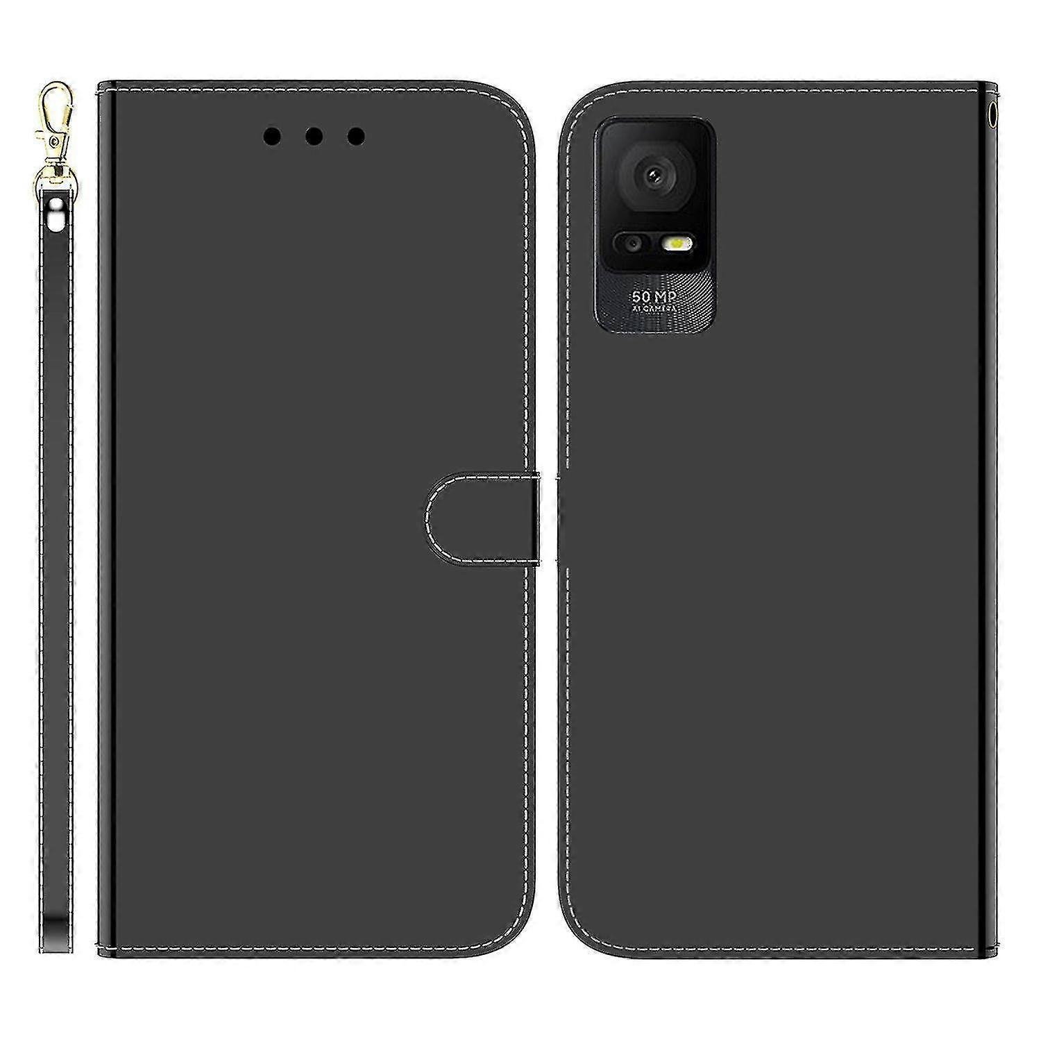 WJTG For Tcl 408 Mirror-like Surface Flip Stand Cover Leather Wallet Phone Case With StrapJ