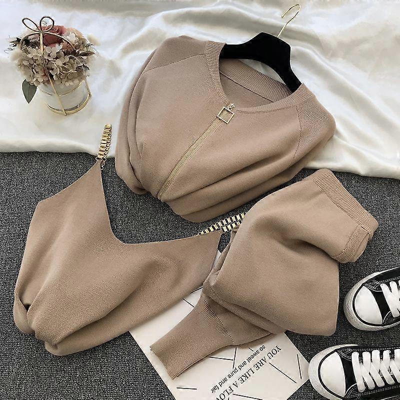 Autumn Han Fan Sweet Temperament Chain Vest Knitted Jacket + Small Feet Elastic Pants Three-piece Set