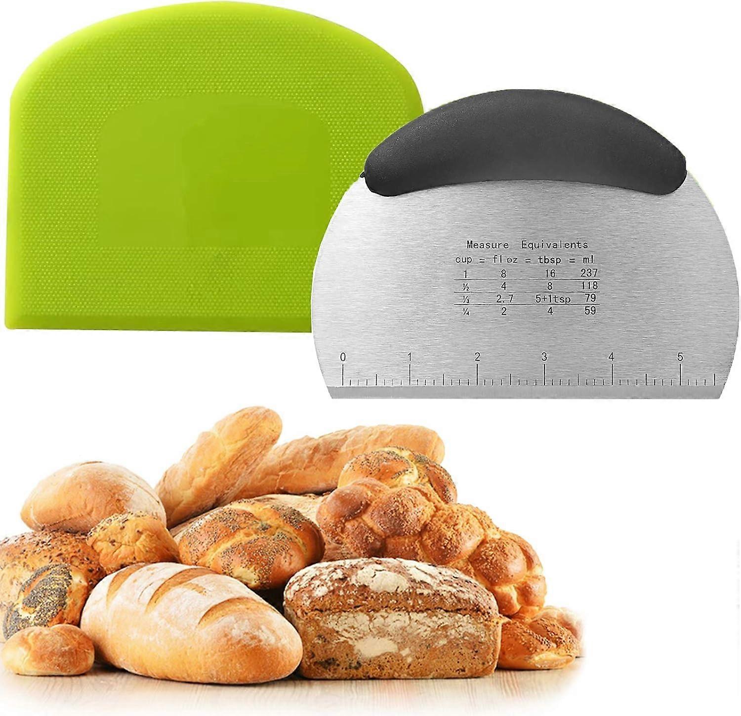 Dough Scraper Cutter Set, Pizza Cutter with Handle and Measuring Scale, Stainless Steel Scrapers Cutter Plastic Flexible Spatulas Kitchen Baking Tool