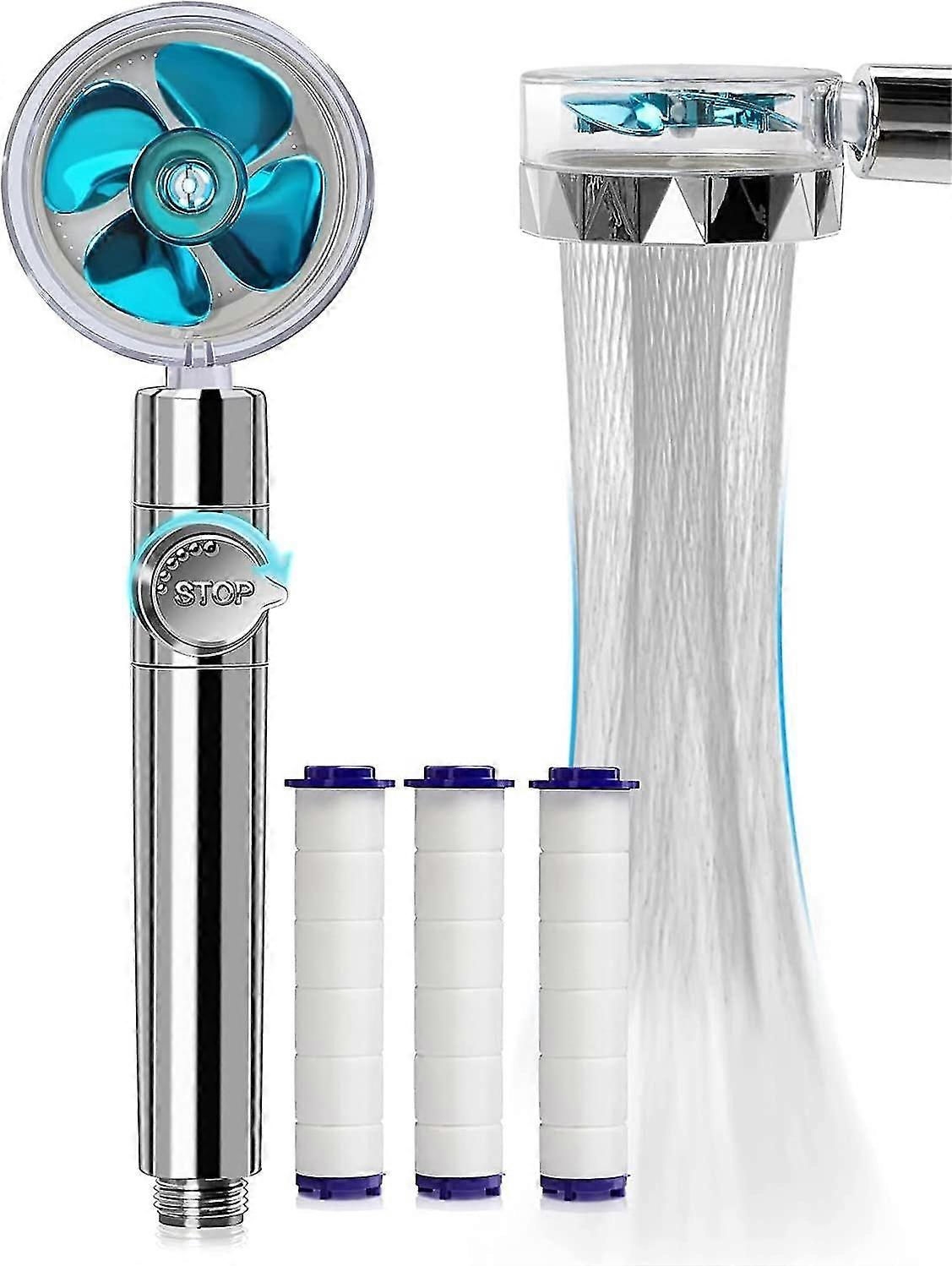 Hand Shower,water Saving Anti Limescale,high Pressure Propeller Three Level Filter,3 Replaceable Pp Cottonblue)