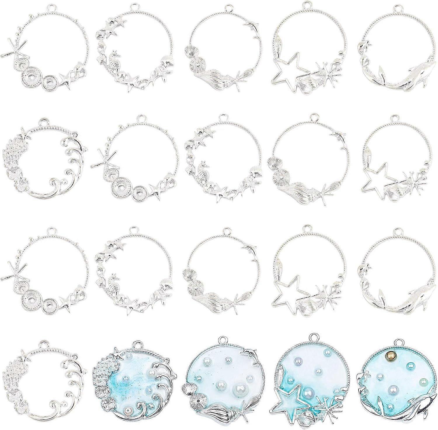 24pcs Sea Open Bezel Charms 6 Style Ocean Open Frame Pendant Resin Bezel Charms Alloy Hollow Resin Frames with Loop for Resin Jewelry Making DIY Craft