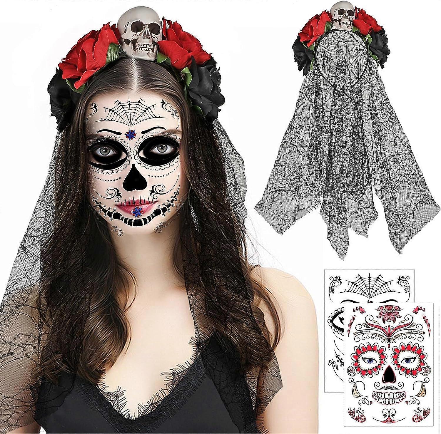 Halloween Day of the Dead Headband and Veil with 2 Stickers