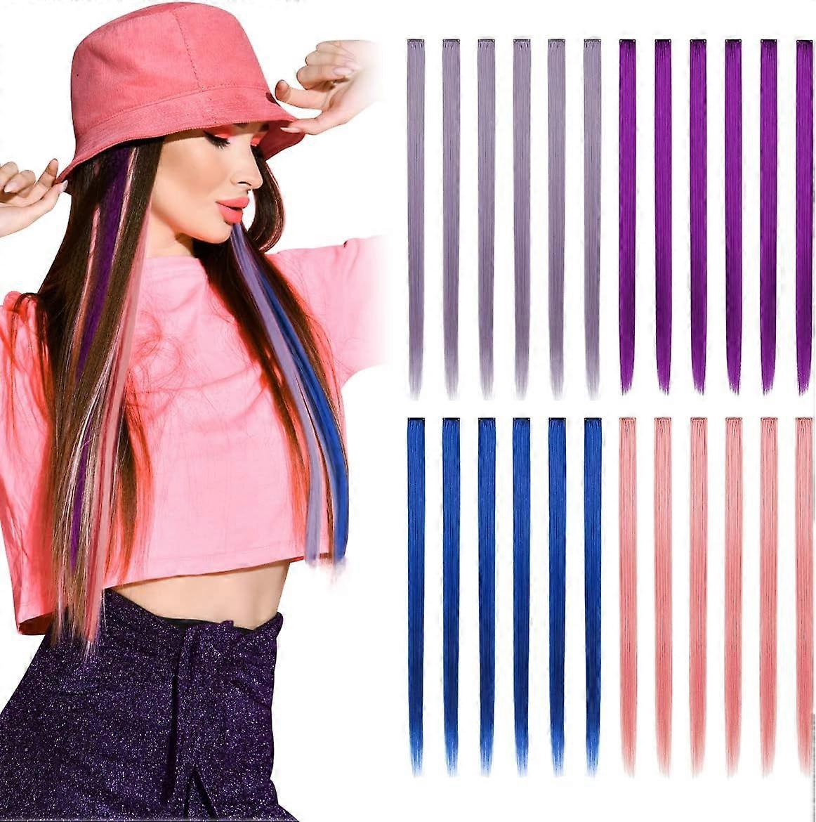 Straight hair extensions for women, colorful clip in extensions for girls, 24 pieces in 4 colors.
