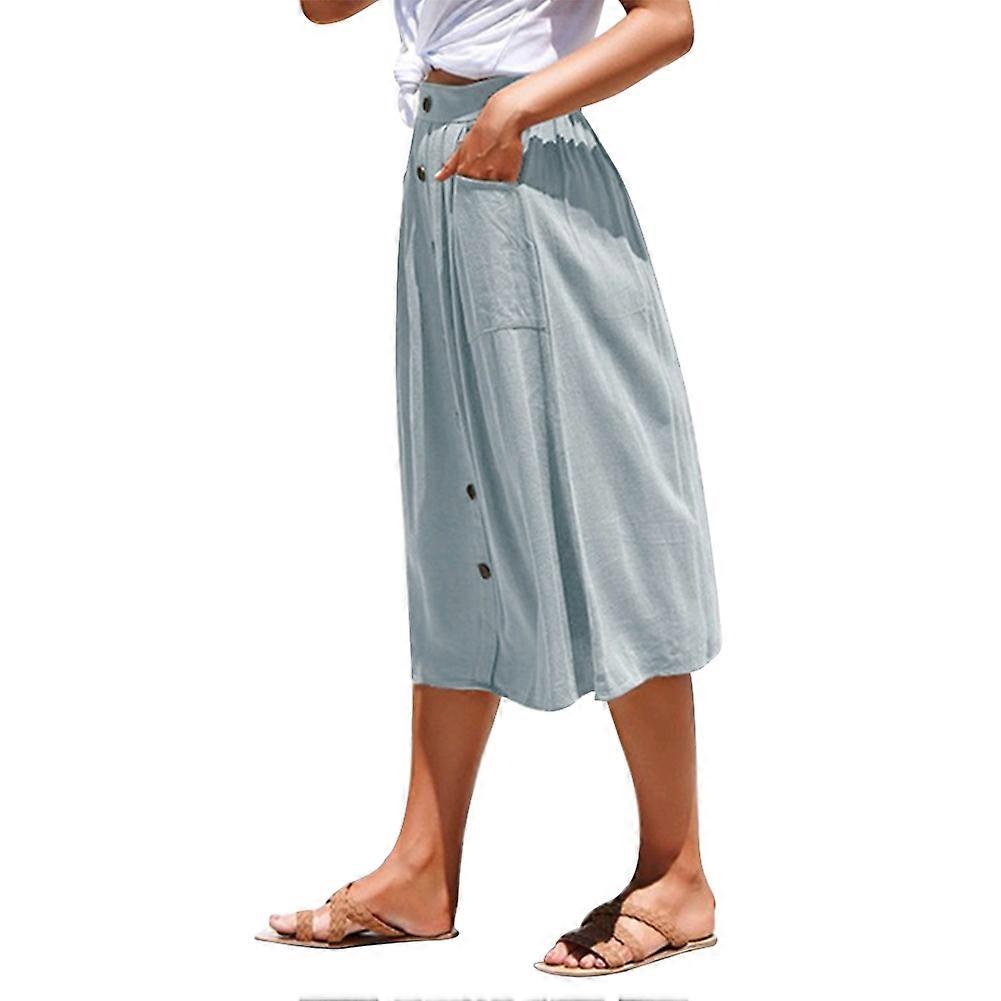 Divat Női Nyári Gomb Dekorációs Szoknya Egyszínű Zsebszoknya (Világoskék XL)