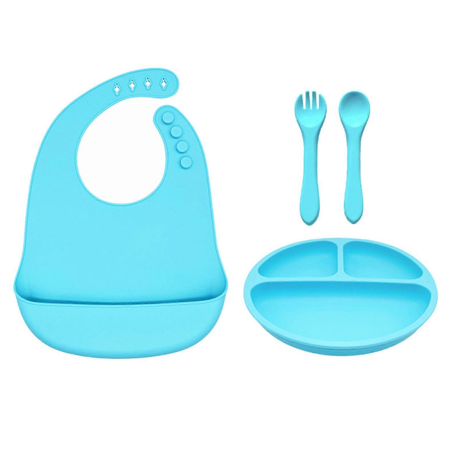 Baby Silicone Tableware Set Silicone Feeding Dishes Dinnerware Baby Tableware Set Baby Silicone Feeding Cutlery Set  Blue
