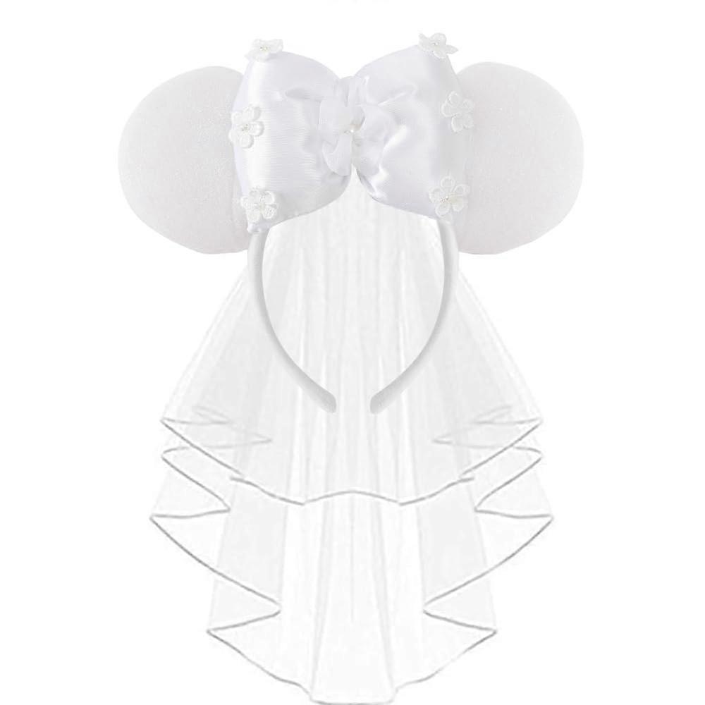 Bridal Mickey Mouse ears headband with veil for weddings and bachelorette parties