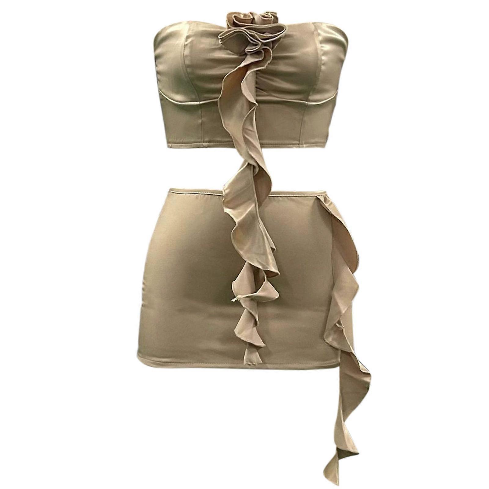 נשים צינור למעלה פרחים קצר חצאית חליפת סטרימרים חדש גב חשוף סקסי מחוץ כתף חצאית bodycon 2-חלקים תלבושות זהב S