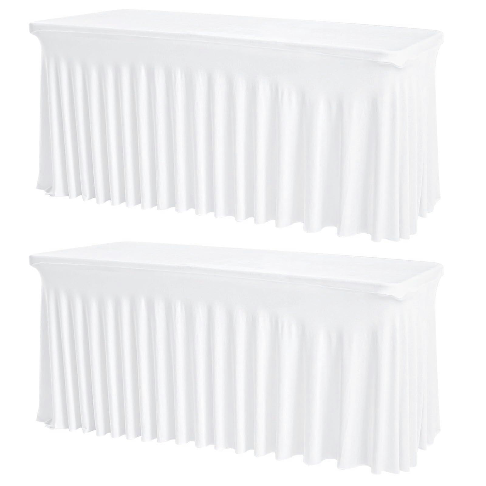 2 Pack White Rectangle Tablecloths for 6FT Tables, Washable Stretch Fitted Spandex, Wrinkle-Free Reusable Covers for Events