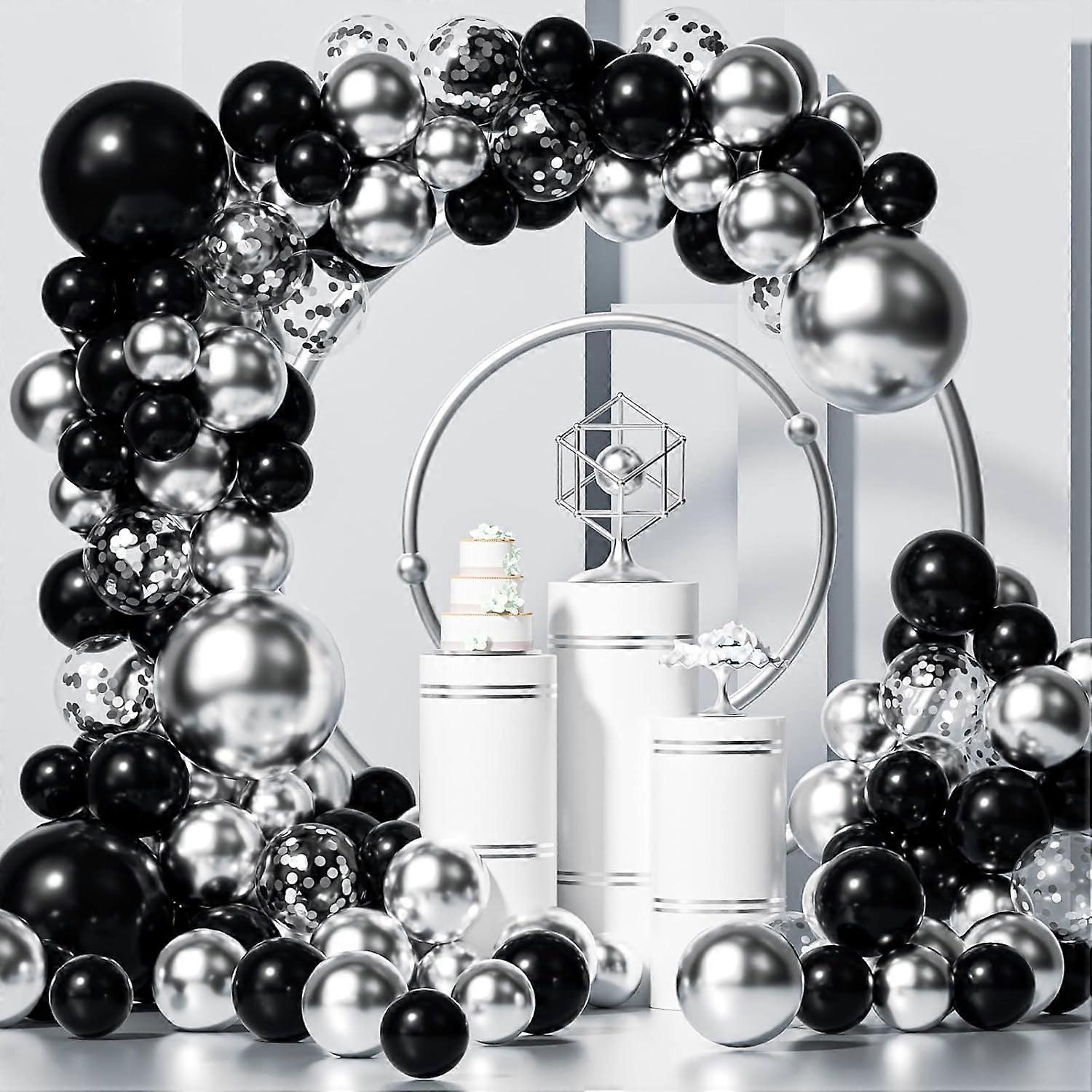 Black Metallic Silver Balloons Wreath Set - 138 Pack of Assorted Sizes for Party Decorations and Events