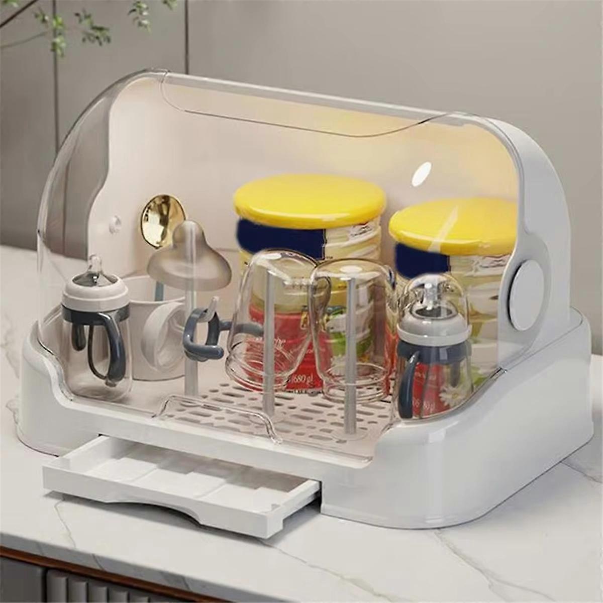 Portable Baby Bottle Drying Rack with Dustproof Lid, Removable Drip Tray, and Compact Storage Design
