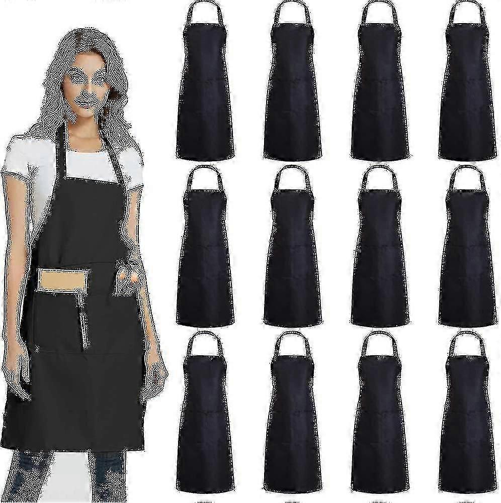 12 Pack Plain Bib Aprons With 2 Pockets - Black Unisex Commercial Apron Bulk A