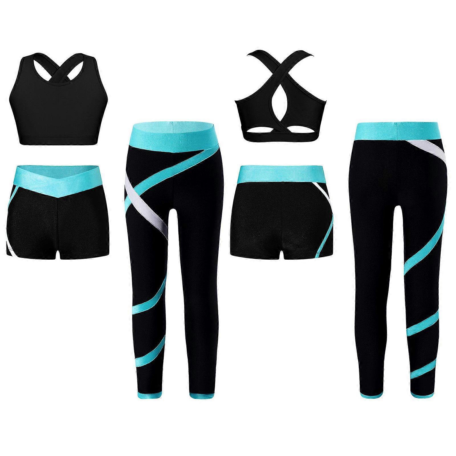 Kids Girls 3Pcs Sports Set U Neck Cross Back Keyhole Cropped Vest with Contrast Color Pants Shorts for Running Workout Yoga