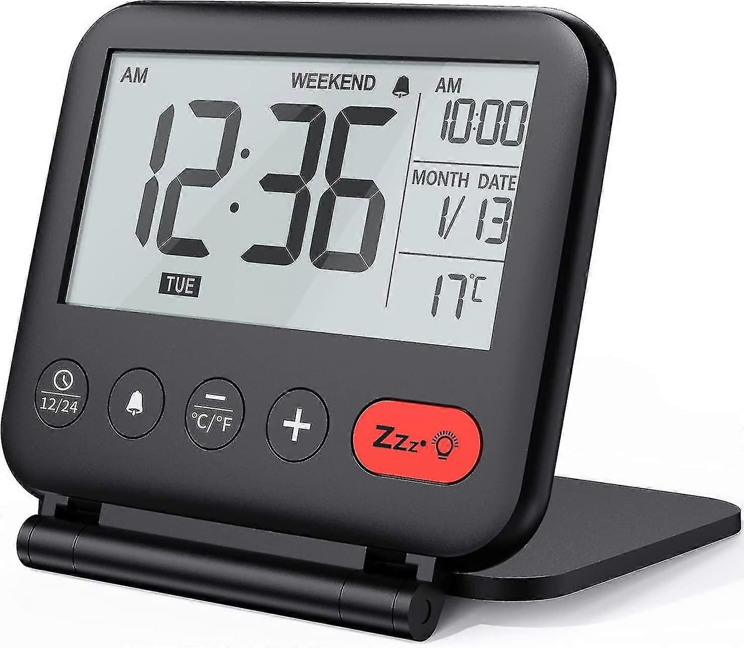 Mini Travel Alarm Clock with Backlit LCD, Calendar, Temperature, 12/24H (Black)