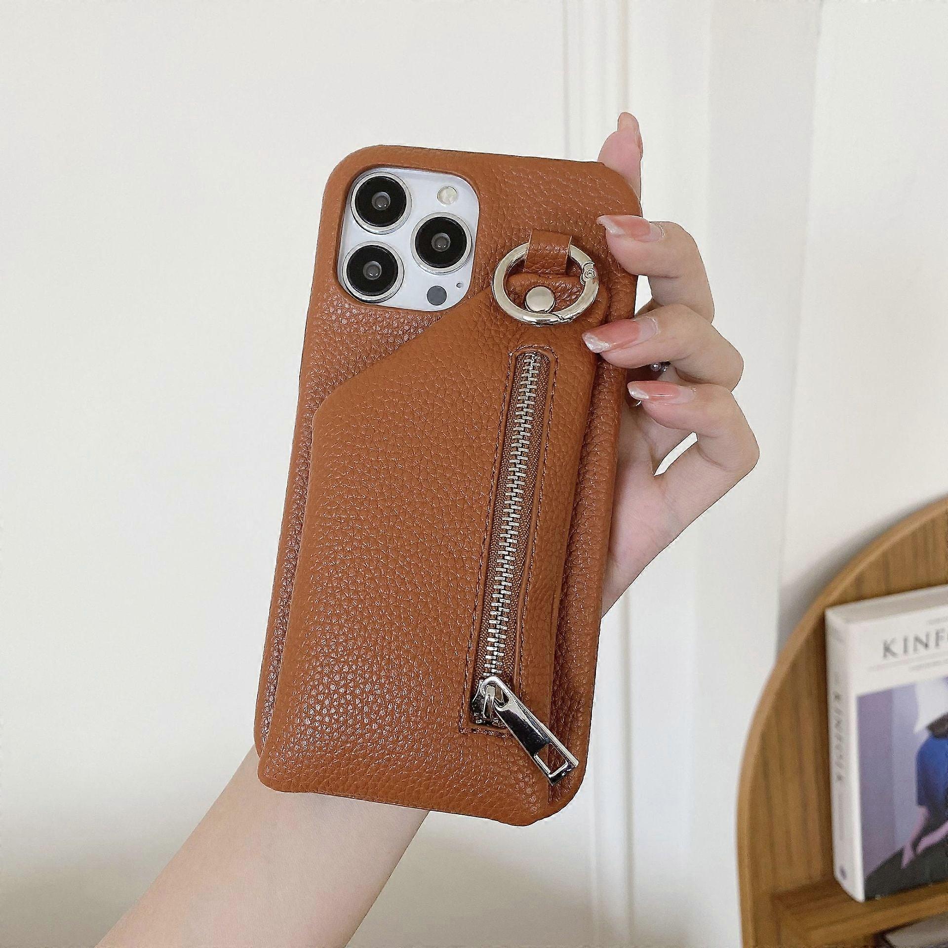 Iphone 13mini Lychee Desenli Bozuk Para Cüzdanı Kart Sahibi Kahverengi Japon ve Kore Kılıfı