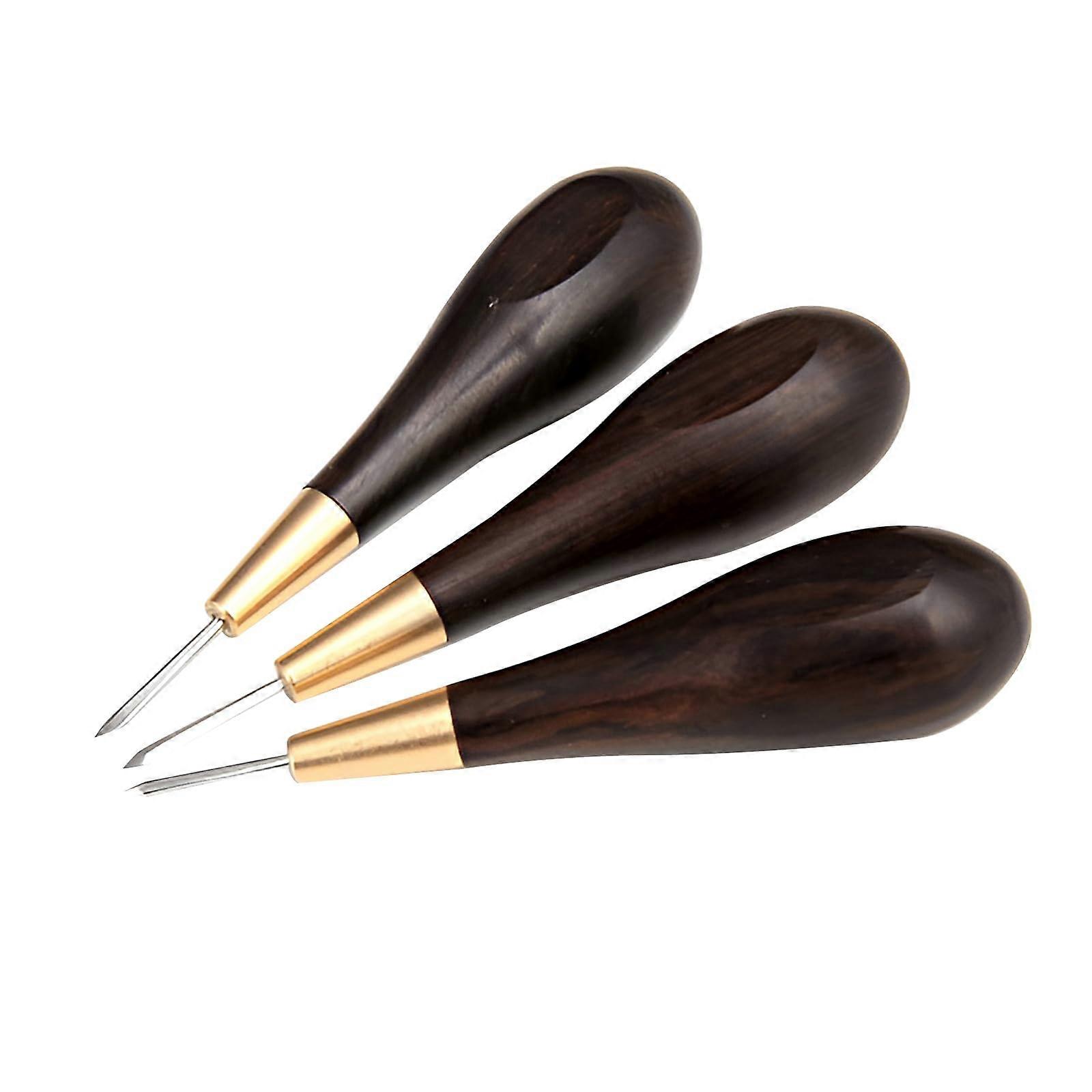 Diamond Shape Stitching Awl, Blackwood Handle for 3 Size Chisel Leather Craft Sewing Awl Kits DIY Stitcher