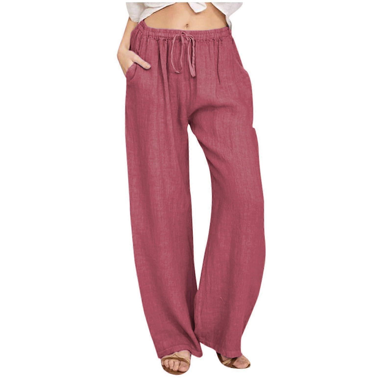 Sommerhose Damen Leinenhose Weite Jogginghose Caprihose Große Größen Bequeme Atmungsaktive Pants Wassermelone Rot L